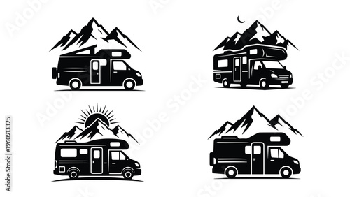 Camper Van in Mountain Landscape Icon Set – Road Trip and Outdoor Travel Adventure Concept for Tourism Branding
