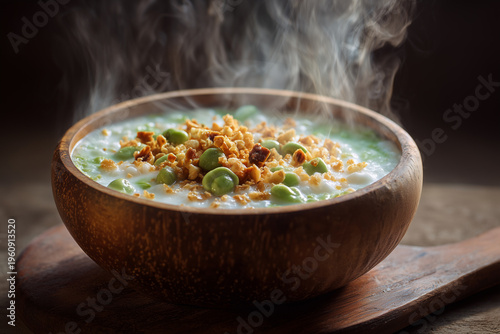 a bowl of green bean porridge topped with thick coconut milk, a traditional Indonesian sweet porridge dessert