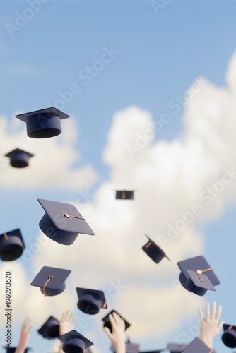 Graduation celebration with students throwing caps in the air under a blue sky. 3d rendering