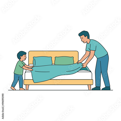 Father and son making bed together in bedroom at home