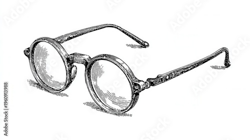 Round vintage eyeglasses engraving sketch illustration classic optical accessory retro style design