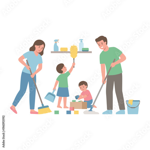 Family cleaning together at home with tools and supplies