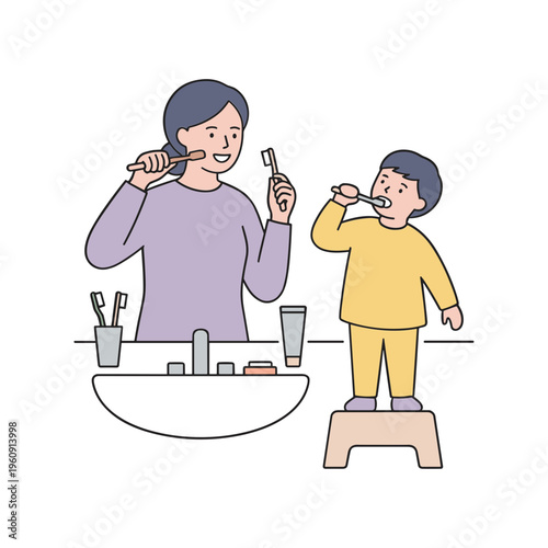 A mother and son brush their teeth together at a bathroom sink.
