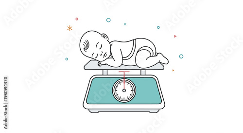 Cute newborn baby wearing a diaper sleeping peacefully while being weighed on a vintage-style mechanical scale in a clinic.
