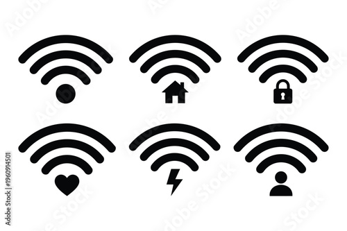 Wifi signal icon set with heart, home, lock, lightning, and user symbols, flat black vector icons, wireless internet connection pictograms for UI, app, and web design