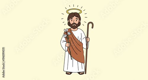 Cartoon illustration of Saint Joseph holding a wooden staff and a bunch of white lilies standing against a pale background.