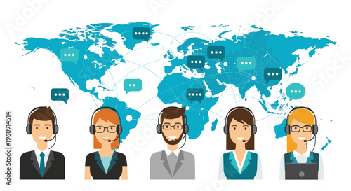Diverse group of customer service representatives wearing headsets standing in front of a blue world map with chat bubbles.