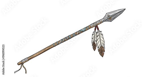 Traditional Native American spear with a sharp stone tip and decorative feathers hanging from the wooden handle shaft body.