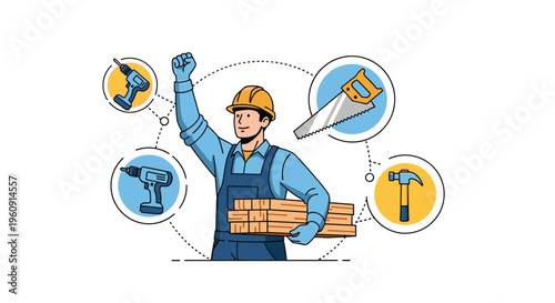 Cheerful carpenter holding a stack of wooden planks and raising a fist surrounded by icons of tools like a saw and drill set.