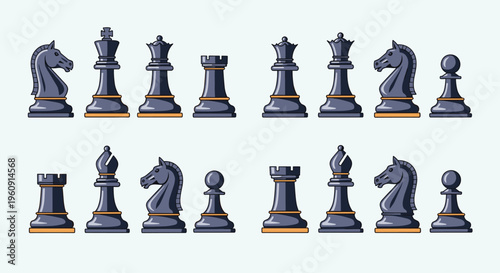 Complete set of dark blue and gold chess pieces arranged in two rows including the king, queen, rook, and knight game items.