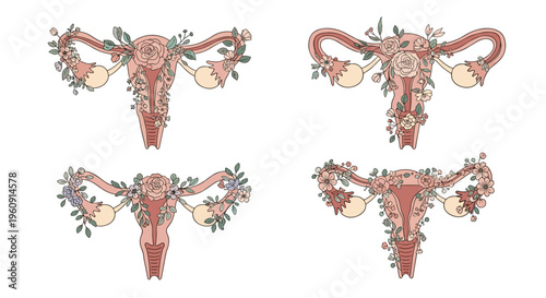 Set of four illustrations showing a female reproductive system womb or uterus decorated with beautiful flowers and leaves art.