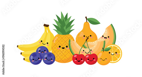 Group of various adorable cartoon fruits with happy faces including banana, pineapple, pear, orange, and blueberries snack.