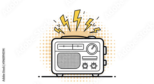 Vintage-style radio receiver with lightning bolts coming out of it representing sound waves or energy against dotted back.