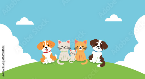 Group of cute cartoon dogs and cats sitting together on a green grassy hill under a bright blue sky with white clouds view.