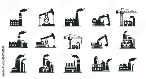 Large collection of black industrial icons featuring factories, oil rigs, excavators, and power plants on a white background.