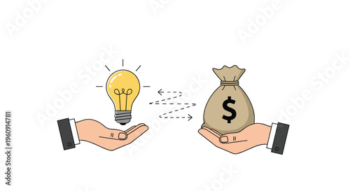 One hand holding a glowing light bulb representing an idea being exchanged for a bag of money held by another hand concept.