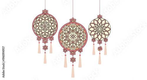 Beautifully designed traditional dreamcatchers hanging in a row with intricate patterns and soft pink tassels on white.