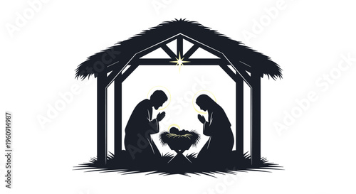 Black and white silhouette of the nativity scene featuring Mary, Joseph, and baby Jesus in a humble stable under a star.