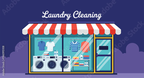 Illustration of a laundry cleaning shop at night featuring washing machines, hanging clothes, and shelves with detergents.