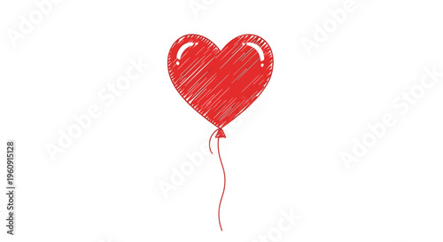 Sketchy hand-drawn illustration of a vibrant red heart-shaped balloon floating on a simple white background for love.