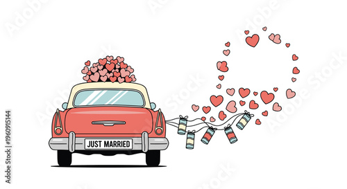 Rear view of a vintage red car with just married sign and tin cans trailing behind it amidst a cloud of red hearts.