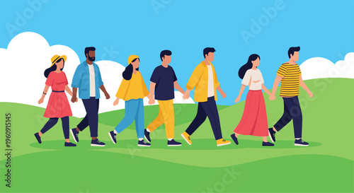 Diverse group of young people walking together in a green hilly park under a clear blue sky during a sunny day out.