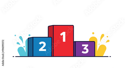 Bright and colorful sports winners podium with ranks one, two, and three featuring fun paint splashes in the background.