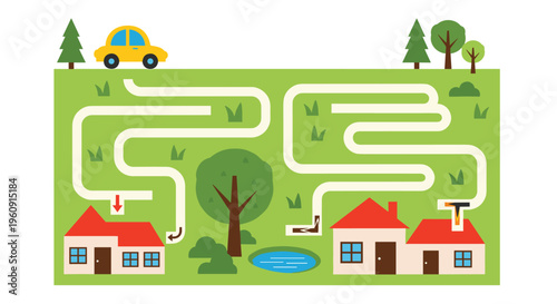 Fun educational maze game for children featuring a car that needs to find its way to a house through a grassy park.