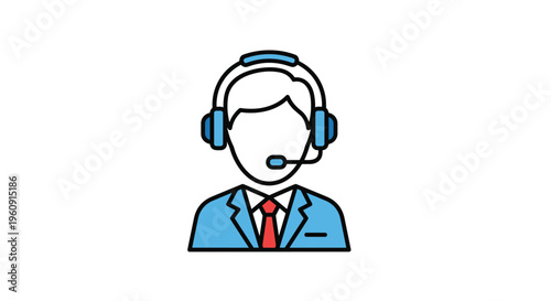 Professional male customer support agent wearing a headset and suit icon for service and communication purposes.