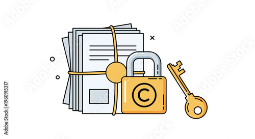 Documents tied with a string and protected by a golden padlock with a copyright symbol and a key next to it on white.