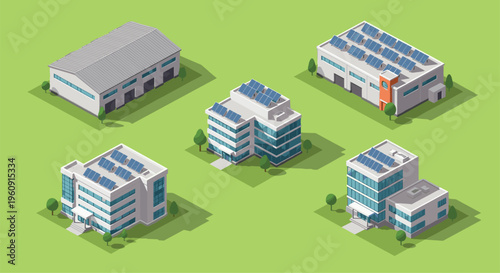 Set of five isometric modern office and industrial buildings equipped with solar panels on a green field background.