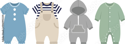 Assortment of four baby clothing including rompers overalls hoodie and onesie Keywords: baby clothes