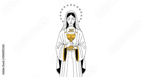 Spiritual illustration of the Virgin Mary holding a golden chalice with the holy Eucharist under a crown of stars.