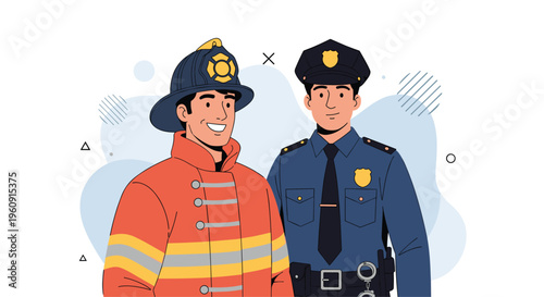 Portrait of a friendly firefighter and a police officer in their uniforms standing together as community heroes.