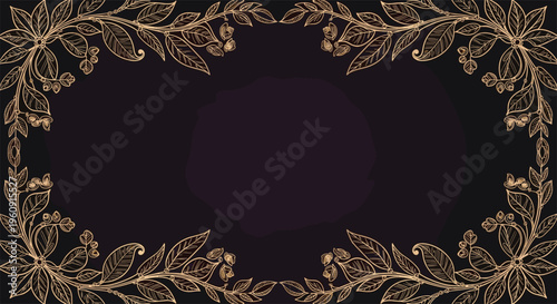 Elegant golden floral frame with intricate leaf and berry patterns on a deep dark purple background for luxury designs.