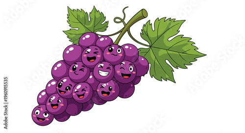 Fun illustration of a cluster of purple grapes where each grape has a unique happy and cute facial expression.