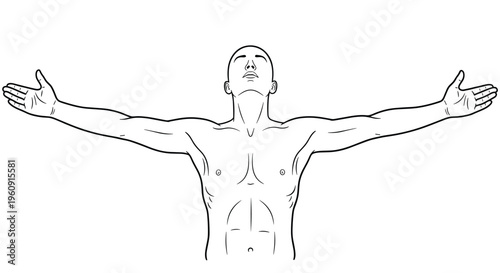 Black and white line drawing of a shirtless man standing with his head back and arms wide open in a gesture of freedom.