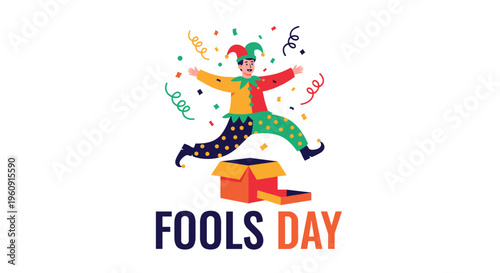 Colorful illustration for April Fools' Day featuring a jester jumping out of a surprise box with confetti and streamers.