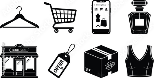 Black depicting shopping cart clothing store hanger perfume bottle offer tag shipped box and tank boutique