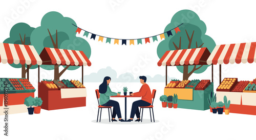 Man and woman enjoying a drink at a market table surrounded by fresh fruit and vegetable stalls under a festive banner flags in an urban park.