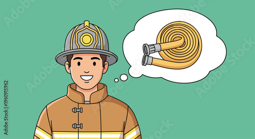 Smiling firefighter character wearing protective gear and a helmet thinking about a rolled fire hose inside a white thought bubble on green.