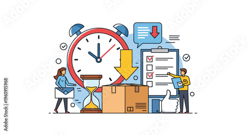 Fast delivery service concept featuring a large alarm clock hourglass cardboard box and people managing logistics and order tracking on white.