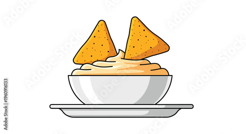 Two crispy corn tortilla chips dipped into a bowl of creamy cheese sauce served on a white plate in a simple flat style vector illustration.