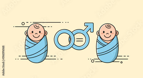Two adorable baby boys wrapped in blue blankets with interlocking male gender symbols between them in a cute flat style vector illustration.