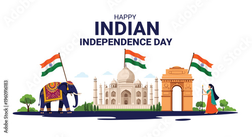 Happy Indian Independence Day banner featuring national landmarks like the Taj Mahal and India Gate along with a decorated royal elephant.