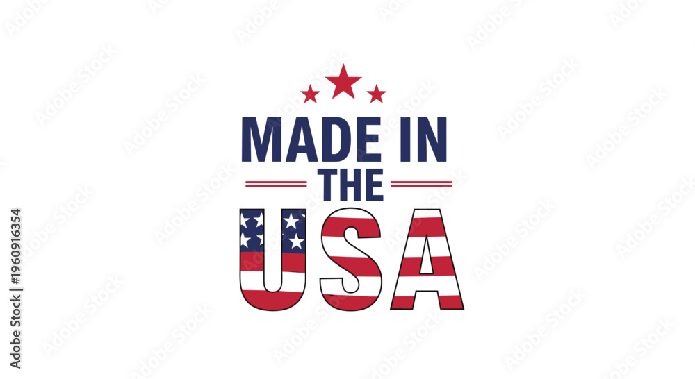 Fototapeta premium Patriotic Made in the USA logo featuring the American flag colors stars and stripes in a bold professional and clean graphic design on white.