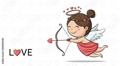 Adorable girl cupid flying with white wings and a golden halo holding a bow and heart tipped arrow for a love and romance theme on white.