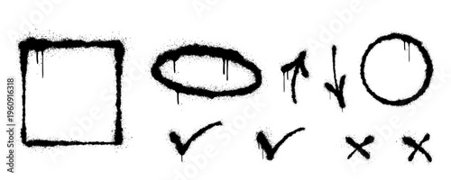 Comprehensive Set of Nine Black Graffiti Tag Elements Including Circles and Lines with Raw Aerosol Drips.
