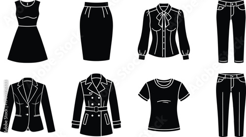 Black Silhouette of Women's Clothing Including a Dress a Skirt a Blouse Pants and a Trench Coat