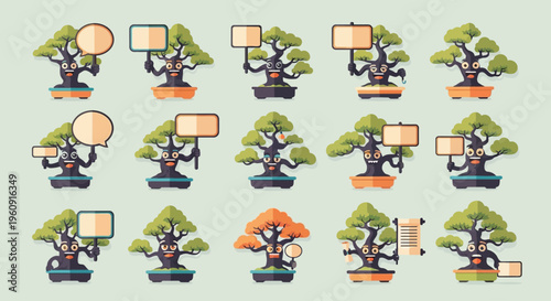 Collection of cute cartoon cactus characters on a white background.